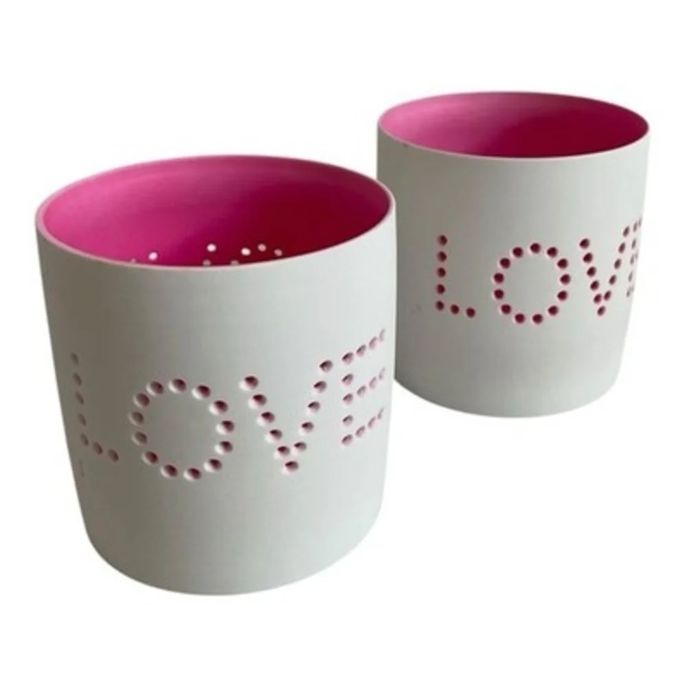 Holiday Lane LOVE Cutout Ceramic Votive Candle Holders Pink White Pair NWOT